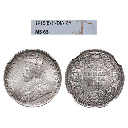 George V, Silver, 2 Annas, 1915, Bombay Mint, Dot. F. Prid # 574. GK 1115. NGC Slabbed MS 