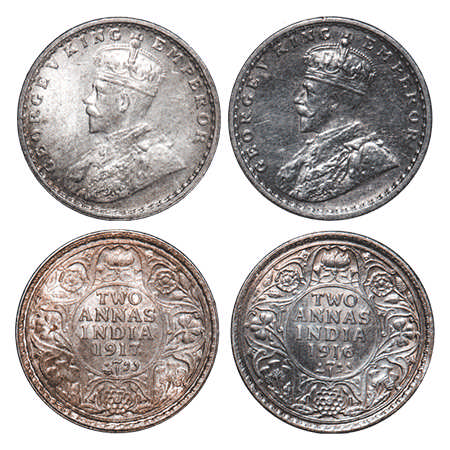 George V, Silver, 2 Annas, (2 coins), 1916, 1917, Calcutta Mint, No dot. F. Prid # 569, 57