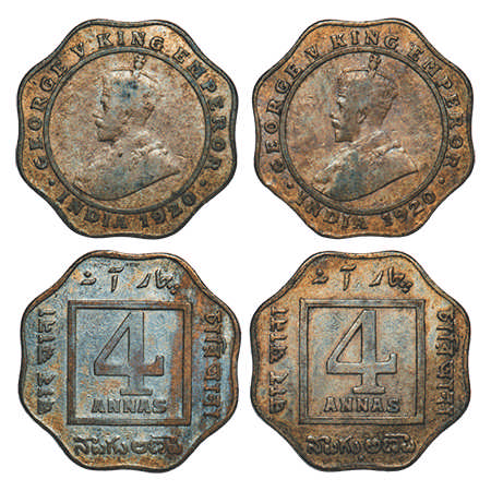 George V, Copper-Nickel, 4 Annas, (2 coins), 1920, 1) Calcutta Mint, No dot, 2) Bombay Min