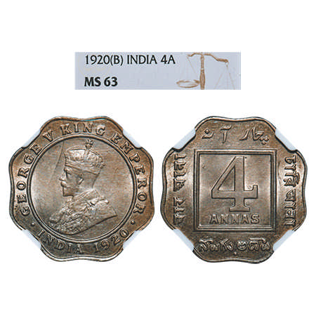 George V, Copper-Nickel, 4 Annas, 1920, Bombay Mint, Dot. F. Prid # 736. GK 1104. NGC Slab