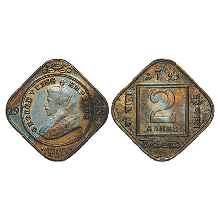 George V, Copper-Nickel, 2 Annas, 1928, Calcutta Mint, No dot. F. Prid # 888. GK 1132. Abo