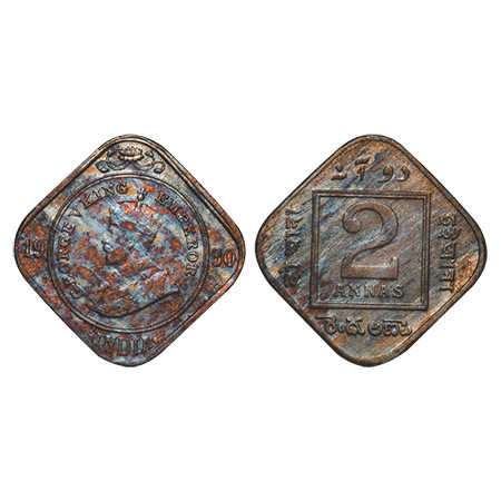 George V, Copper-Nickel, 2 Annas, 1930, Calcutta Mint, No dot. F. Prid # 890. GK 1135. Abo