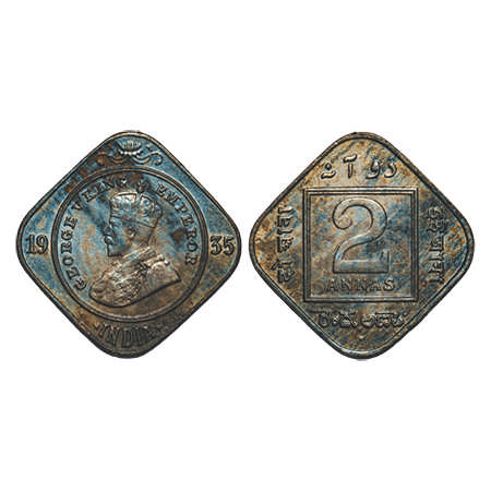 George V, Copper-Nickel, 2 Annas, 1935, Bombay Mint, Dot. F. Prid # 902. GK 1139. Extremel
