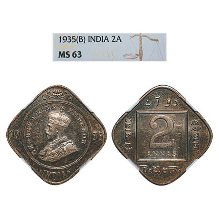 George V, Copper-Nickel, 2 Annas, 1935, Bombay Mint, Dot. F. Prid # 902. GK 1139. NGC Slaa