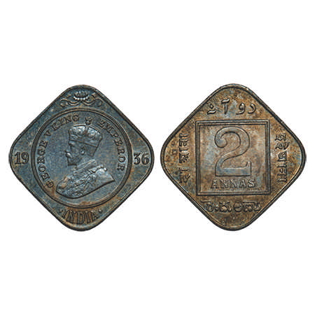 George V, Copper-Nickel, 2 Annas, 1936, Bombay Mint, Dot. F. Prid # 903. GK 1140. About Un