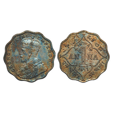 George V, Copper-Nickel, 1 Anna, 1917, Bombay Mint, No dot. F. Prid # 947. GK 1147. Almost