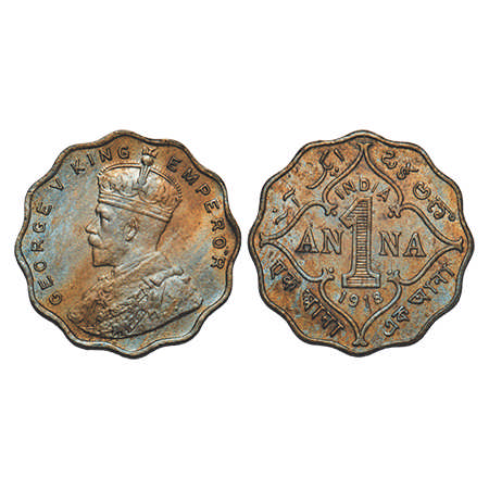 George V, Copper-Nickel, 1 Anna, 1918, Bombay Mint, No dot. F. Prid # 913. GK 1148. Uncirc