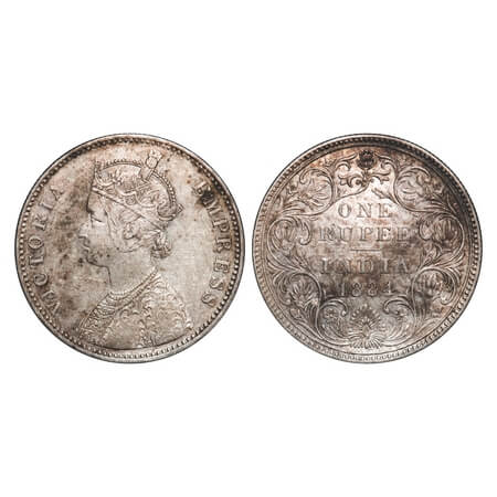 Victoria Empress, Silver, Rupee, 1884, Bombay Mint, A1(i)/II(i), 'B' raised bottom. F. Pri