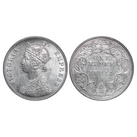 Victoria Empress, Silver, Rupee, 1884, Bombay Mint, A3/I, 'B' raised. F. Prid 167. GK 489.