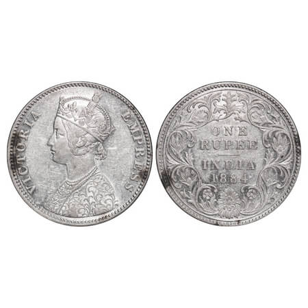 Victoria Empress, Silver, Rupee, 1884, Bombay Mint, A3/I, 'B' raised. F. Prid 167. GK 489.