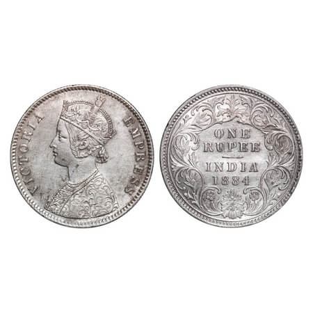 Victoria Empress, Silver, Rupee, 1884, Calcutta Mint, A1/I, 'C' incused. F. Prid 123. GK 4