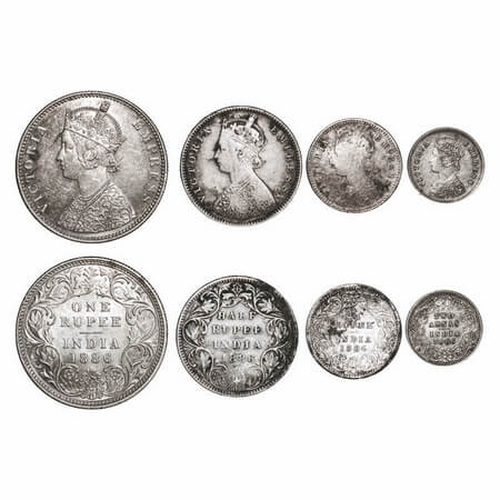 Victoria Empress, Silver, Rupee, Half Rupee, 1/4 Rupee, 2 Annas, (4 coins), 1886, 1) Rupee