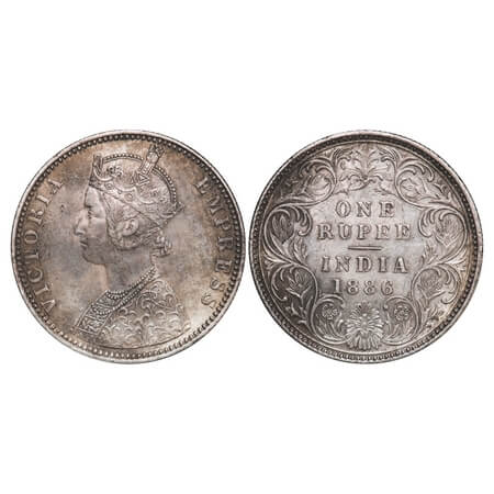 Victoria Empress, Silver, Rupee, 1886, Bombay Mint, C2/I, 'B' incused. F. Prid 171. GK 523