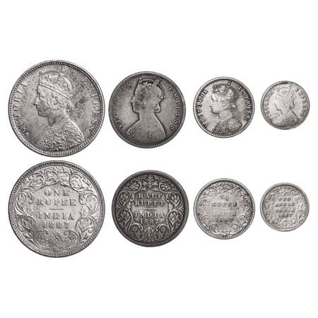 Victoria Empress, Silver, Rupee, Half Rupee, 1/4 Rupee, 2 Annas, (4 coins), 1887, 1) Rupee