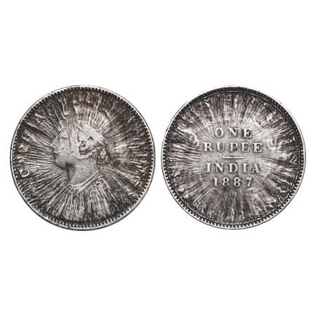 Victoria Empress, Silver, Rupee, 1887, Weight 10.52 gm, Error: Sun Burst Error. Rare.