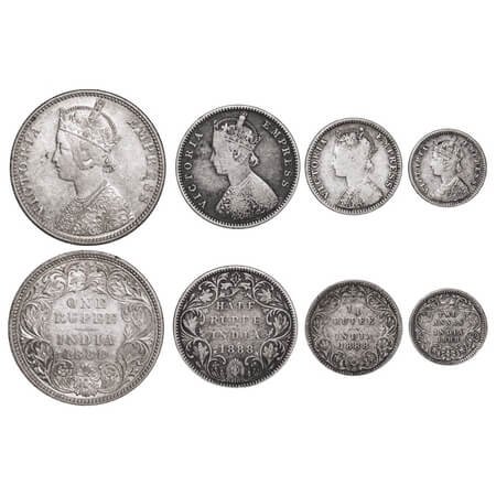 Victoria Empress, Silver, Rupee, Half Rupee, 1/4 Rupee, 2 Annas, (4 coins), 1888, 1) Rupee