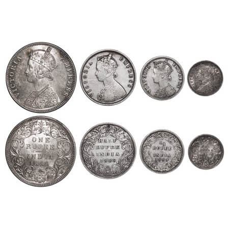 Victoria Empress, Silver, Rupee, Half Rupee, 1/4 Rupee, 2 Annas, (4 coins), 1889, 1) Rupee