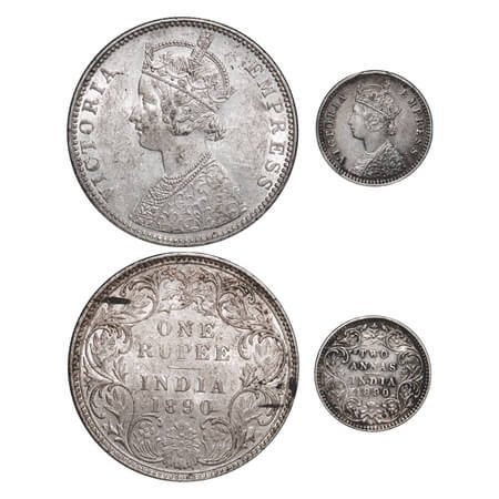 Victoria Empress, Silver, Rupee, 2 Annas, (2 coins), 1890, Bombay Mint, 1) Rupee, C2/I, 'B