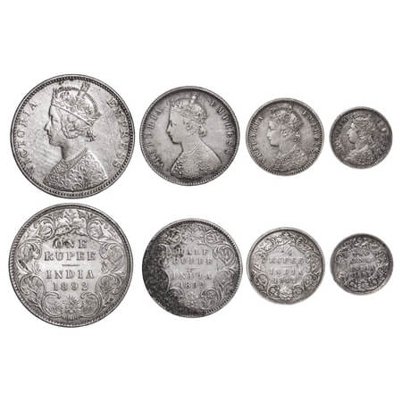 Victoria Empress, Silver, Rupee, Half Rupee, 1/4 Rupee, 2 Annas, (4 coins), 1892, 1) Rupee