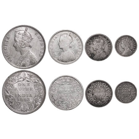 Victoria Empress, Silver, Rupee, Half Rupee, 1/4 Rupee, 2 Annas, (4 coins), 1893, 1) Rupee