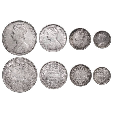 Victoria Empress, Silver, Rupee, Half Rupee, 1/4 Rupee, 2 Annas, (4 coins), 1897, 1) Rupee