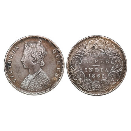 Victoria Queen, Silver, Half Rupee, 1862, Ex-Mount, Bombay Mint, B1/II. F. Prid 258. GK 37