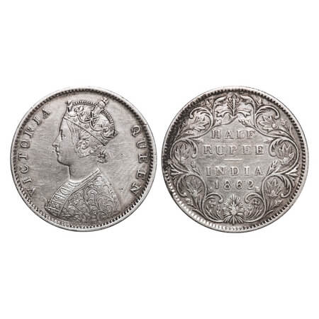 Victoria Queen, Silver, Half Rupee, 1862, Bombay Mint, B1/II. F. Prid 258. GK 371. Very Fi