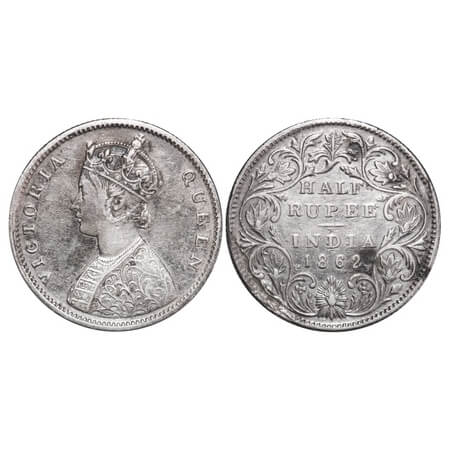Victoria Queen, Silver, Half Rupee, 1862, Bombay Mint, B1/II. F. Prid 258. GK 371. Very Fi