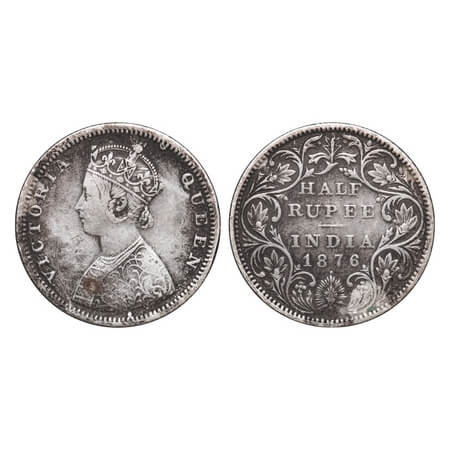 Victoria Queen, Silver, Half Rupee, 1876, Bombay Mint, B2/II, Dot. F. Prid 287. GK 606. Ve
