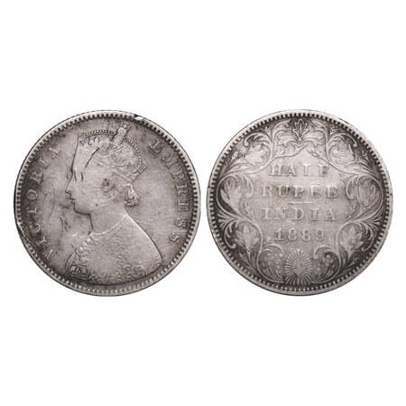Victoria Empress, Silver, Half Rupee, 1889, Bombay Mint, A/II(i), 'B' raised. F. Prid 299.