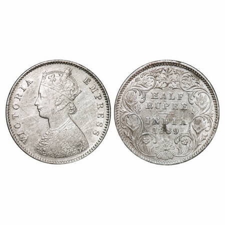 Victoria Empress, Silver, Half Rupee, 1889, Calcautta Mint, A/I, 'C' incused. F. Prid 273.