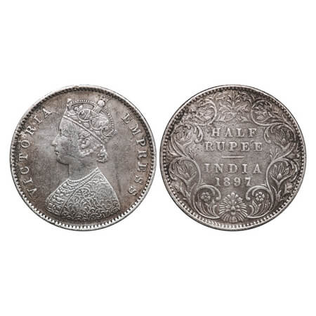 Victoria Empress, Silver, Half Rupee, 1897, Bombay Mint, A/I, 'B' incused. F. Prid 305. GK