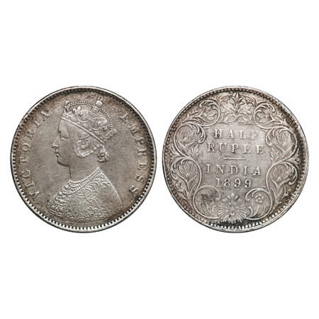 Victoria Empress, Silver, Half Rupee, 1899, Bombay Mint, A/I, 'B' incused inverted. F. Pri