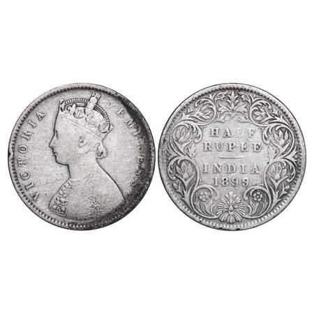 Victoria Empress, Silver, Half Rupee,1899, Bombay Mint, A/I, 'B' incused, 'B' incused inve