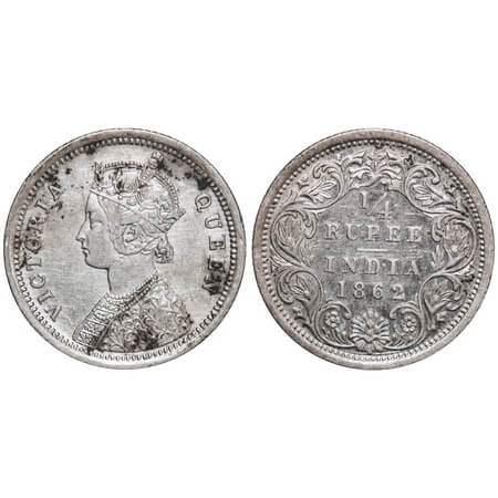 Victoria Queen, Silver, 1/4 Rupee, 1862, Madras Mint, A/I, Error: First letter 'I' in Vict