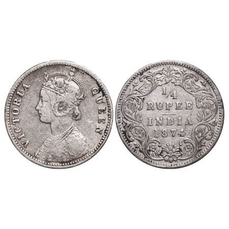 Victoria Queen, Silver, 1/4 Rupee, 1874, Calcutta Mint, A/I, No mint mark, No 'C'. F. Prid