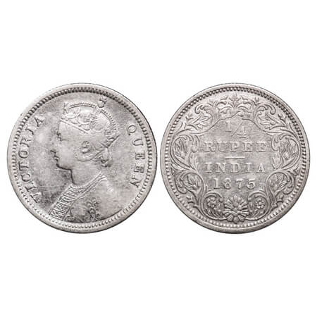 Victoria Queen, Silver, 1/4 Rupee, 1875, Bombay Mint, A/I, No dot. F. Prid 406. GK 666. Fi
