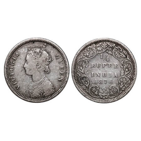 Victoria Queen, Silver, 1/4 Rupee,1876, Bombay Mint, A/I, No dot. F. Prid 407. GK 668. Fin