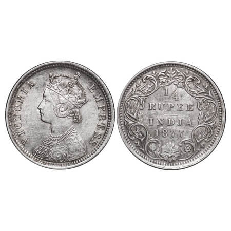 Victoria Empress, Silver, 1/4 Rupee, 1877, Bombay Mint, A/I, Dot. F. Prid 408. GK 670. Ext