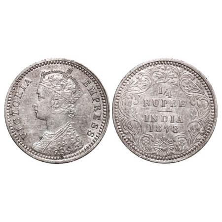 Victoria Empress, Silver, 1/4 Rupee, 1878, Calcutta Mint, C/II, No mint mark, No C. F. Pri