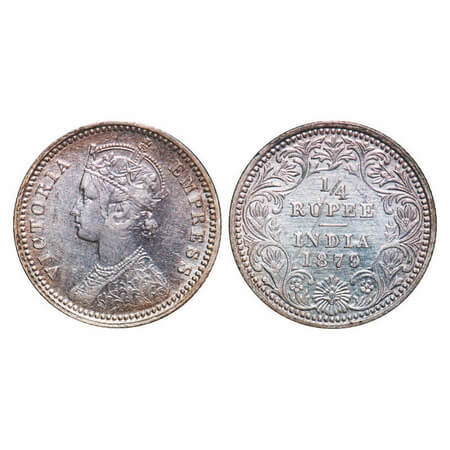 Victoria Empress, Silver, 1/4 Rupee, 1879, Calcutta Mint, C/II, 'C' incused. F. Prid 384. 