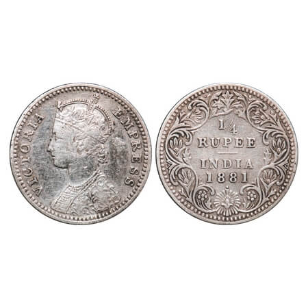 Victoria Empress, Silver, 1/4 Rupee, 1881, Bombay Mint, C/II, Dot. F. Prid Unlisted. GK 67