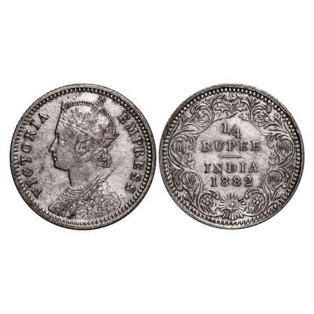 Victoria Empress, Silver, 1/4 Rupee, 1882, Calcutta Mint, C/II, 'C' incused. Ghost on Rev,