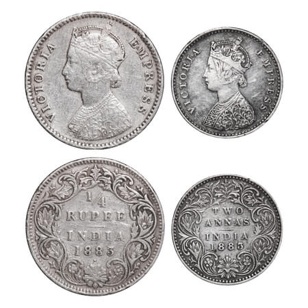 Victoria Empress, Silver, 1/4 Rupee, 2 Annas, (2 coins), 1883, Bombay Mint, 1) 1/4 Rupee, 