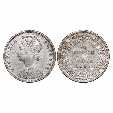 Victoria Empress, Silver, 1/4 Rupee, 1887, Bombay Mint, C(i)/II, 'B' raised. F. Prid 420. 