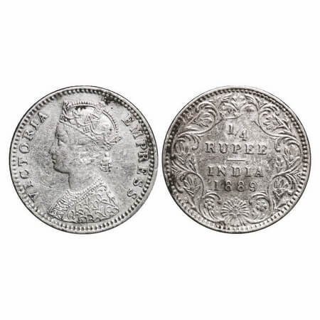 Victoria Empress, Silver, 1/4 Rupee, 1889, Bombay Mint, C(i)/II, 'B' incused. F. Prid 423.