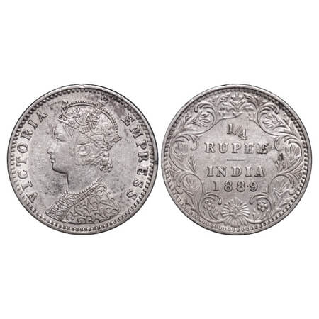 Victoria Empress, Silver, 1/4 Rupee, 1889, Bombay Mint, C(i)/II, 'B' incused. F. Prid 423.