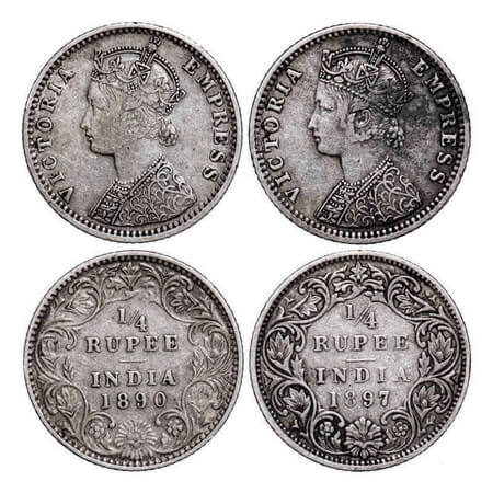 Victoria Empress, Silver, 1/4 Rupee (2 Coins), 1) 1890, Bombay Mint, C(i)/II, 'B' incused,