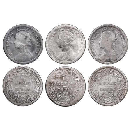 Victoria Empress, Silver, 1/4 Rupee, (3 coins), 1890, 1891, 1901, Calcutta Mint, C/II, 'C'