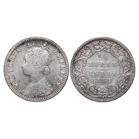 Victoria Empress, Silver, 1/4 Rupee, 1894, Bombay Mint, C(i)/I, 'B' incused. F. Prid 429. 